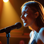 ** A singer confidently performing on stage, bathed in warm spotlights. Focus on their posture: straight back, relaxed shoulders, engaging with the audience through eye contact. A subtle smile indicates self-assurance and enjoyment. The background is a blurred concert hall, suggesting a professional setting.
**Keywords:** singer, stage presence, confidence, performance, concert, posture.

**