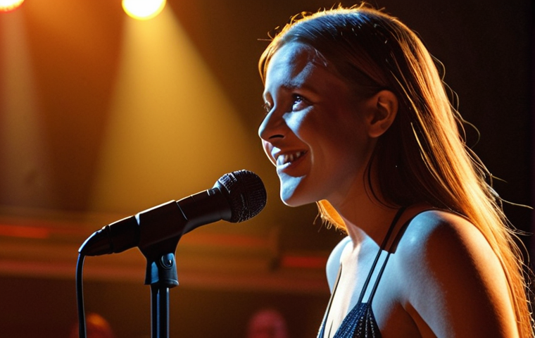** A singer confidently performing on stage, bathed in warm spotlights. Focus on their posture: straight back, relaxed shoulders, engaging with the audience through eye contact. A subtle smile indicates self-assurance and enjoyment. The background is a blurred concert hall, suggesting a professional setting.
**Keywords:** singer, stage presence, confidence, performance, concert, posture.
**