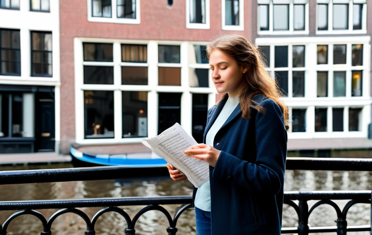 **
"A young woman, fully clothed in stylish casual attire suitable for a Dutch city, stands confidently in front of a canal house in Amsterdam. She's holding sheet music. The scene is bathed in soft, natural daylight. Safe for work. Appropriate content. Perfect anatomy, correct proportions, natural pose, well-formed hands, proper finger count. High quality, professional photography, modest clothing, family-friendly."
**